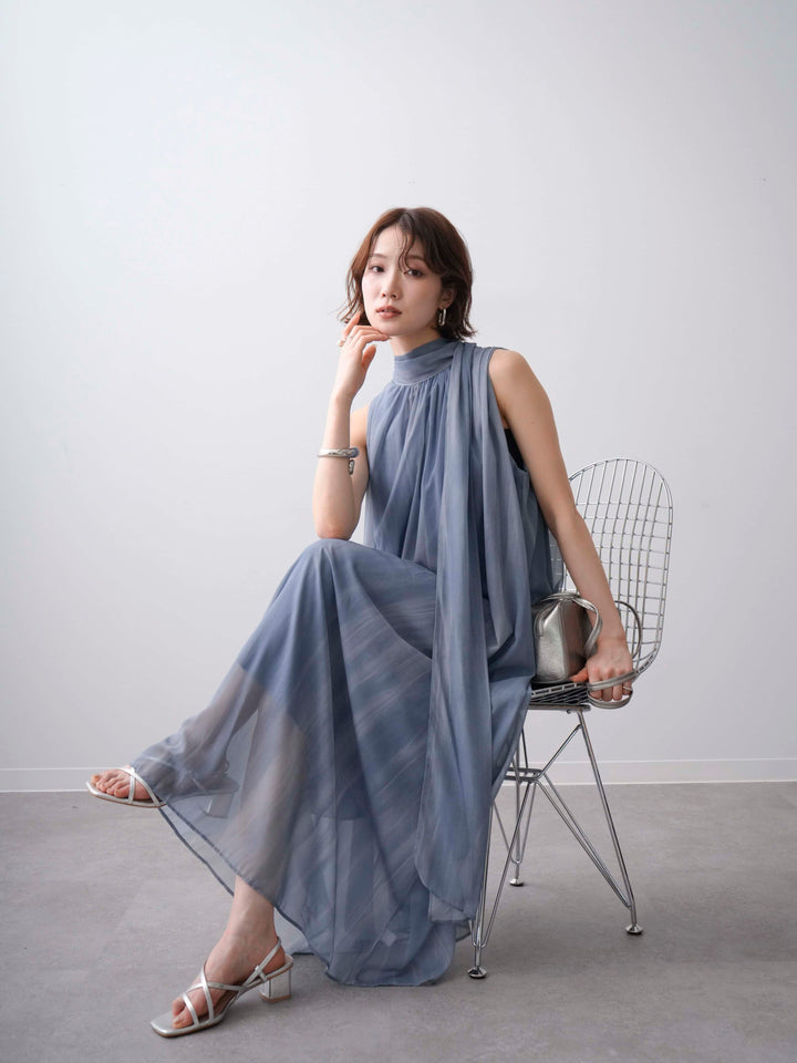 [予約]ニュアンスストライプバックリボンノースリワンピース/blue