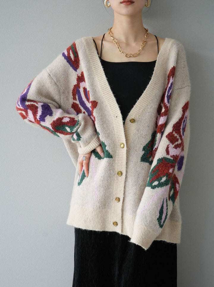 [予約]フラワー柄ゴールドボタンVネックニットカーディガン/アイボリー