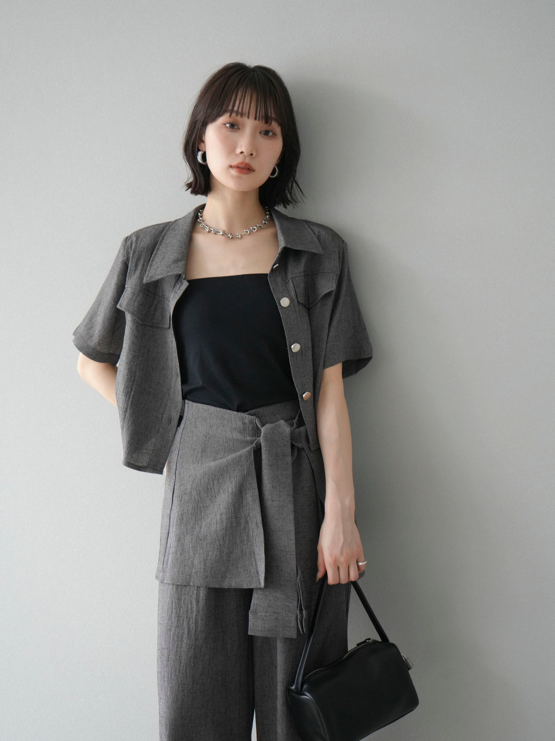 [SET]リネンタッチハーフシャツ＆ラップワイドパンツSET UP(2set)