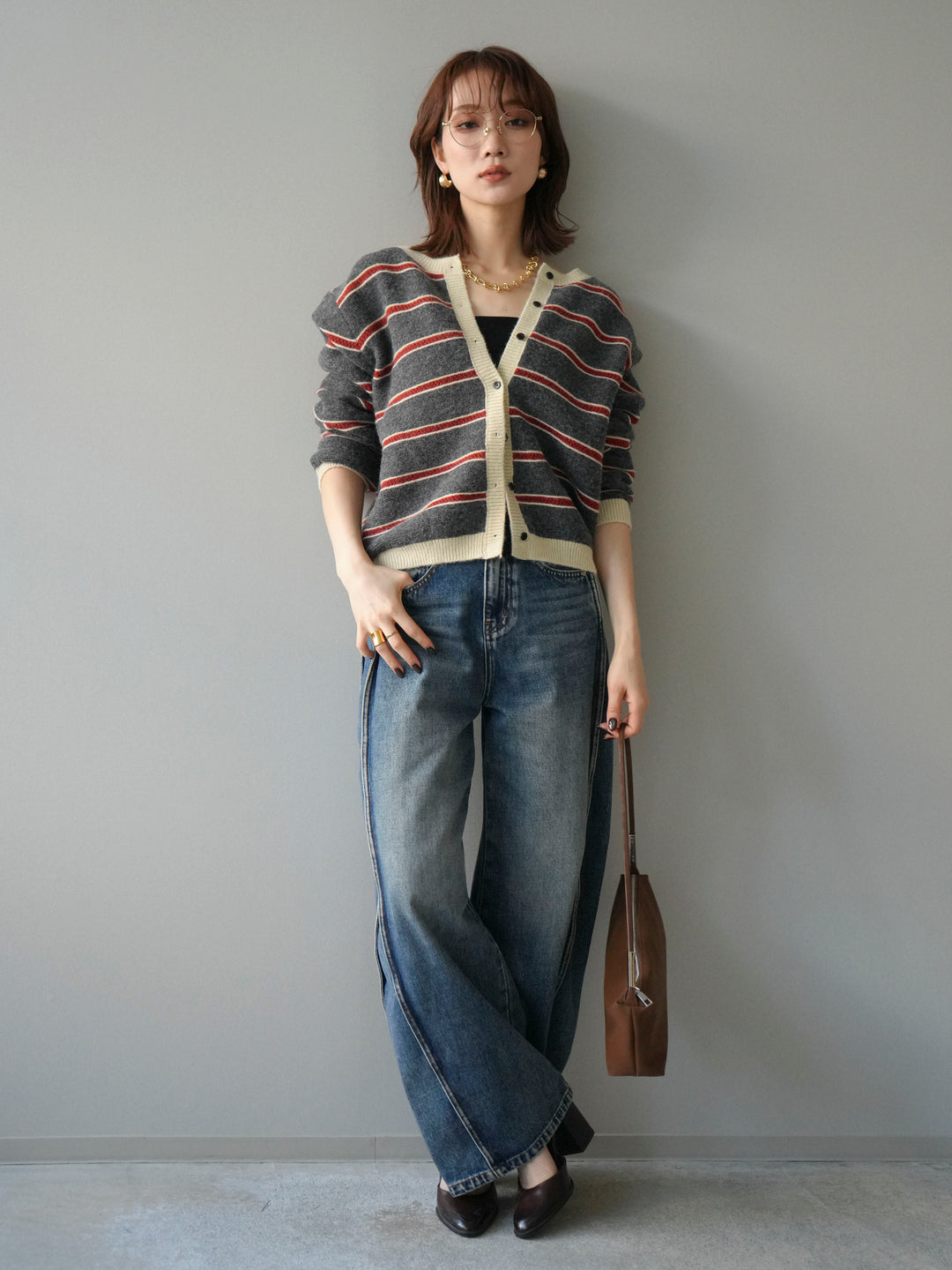 [予約]配色ボーダーニットカーディガン/gray