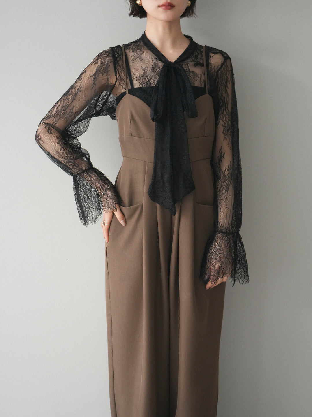 [SET]バックデザインサロペット+リバーレースボウタイトップス(2set)