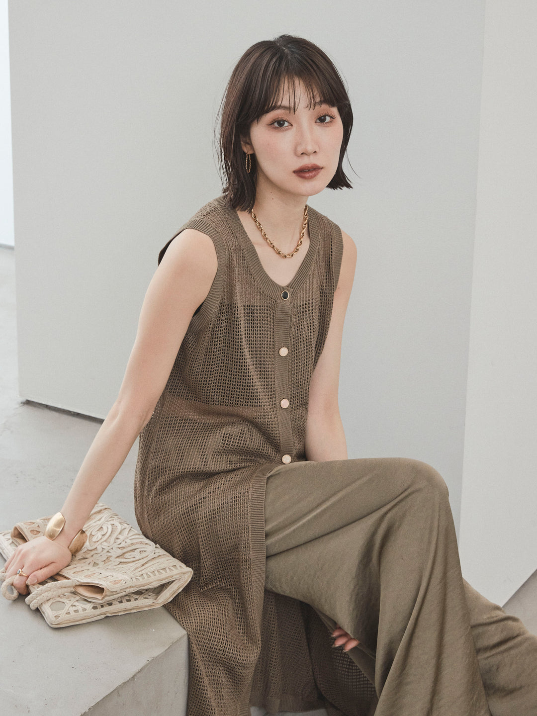 [套裝] 什錦紐扣針織長背心 + 什錦紐扣針織長背心 (2套)