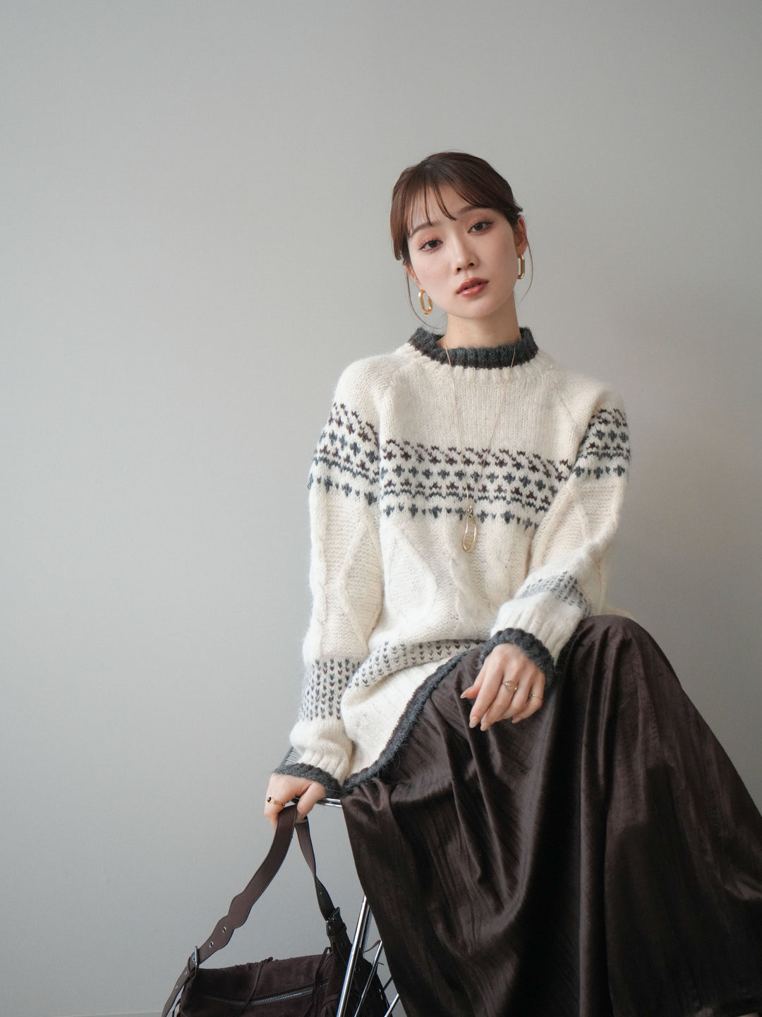 [予約]裾配色ノルディック柄ニットプルオーバー/White