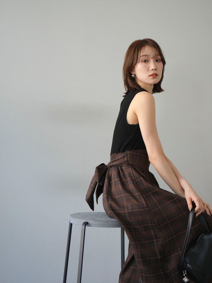 [予約]テレコ×チェックドッキングノースリワンピース/ブラック×ブラウン