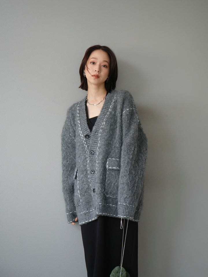 [予約]ステッチVネックニットカーディガン/グレー