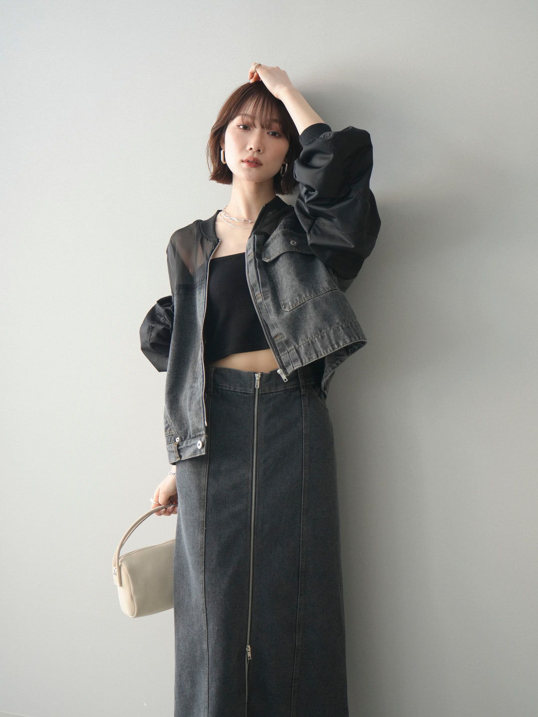 [SET]異素材デニムブルゾン+フロントジップデニムスカート(2set)