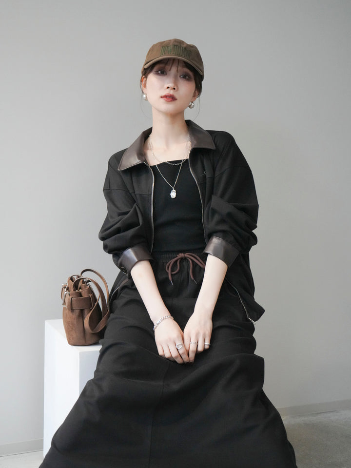 [予約]レザー襟配色パイピングブルゾン/black