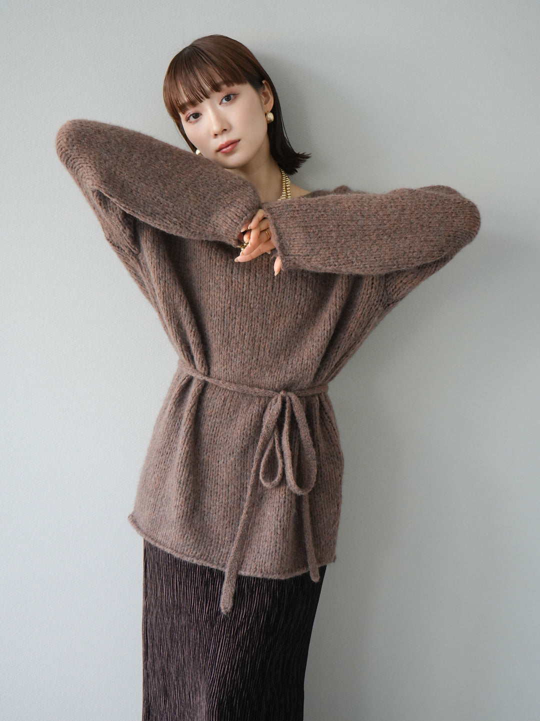 [予約]紐付きあぜ編みオーバーニットプルオーバー/ブラウン