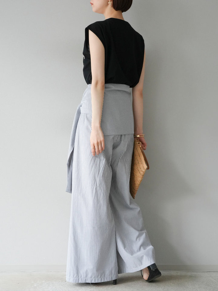 [SET]コード刺繍フレンチスリーブTシャツ+ウエスト巻きストライプイージーパンツ(2set)