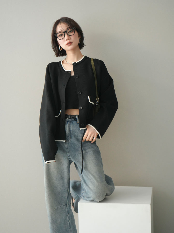 [SET]ポリエステル配色ニットカーディガン+裏起毛カットオフカーブデニムパンツ(2set)