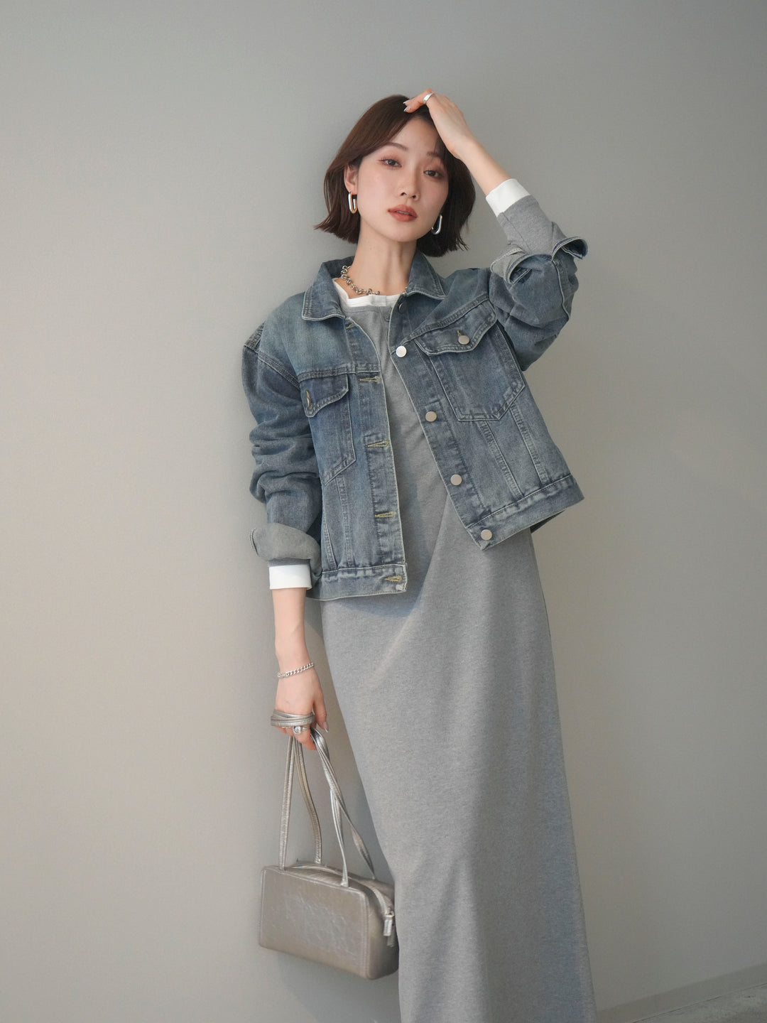 [予約]配色レイヤードヘンリーネックカットリブワンピース/mokugray