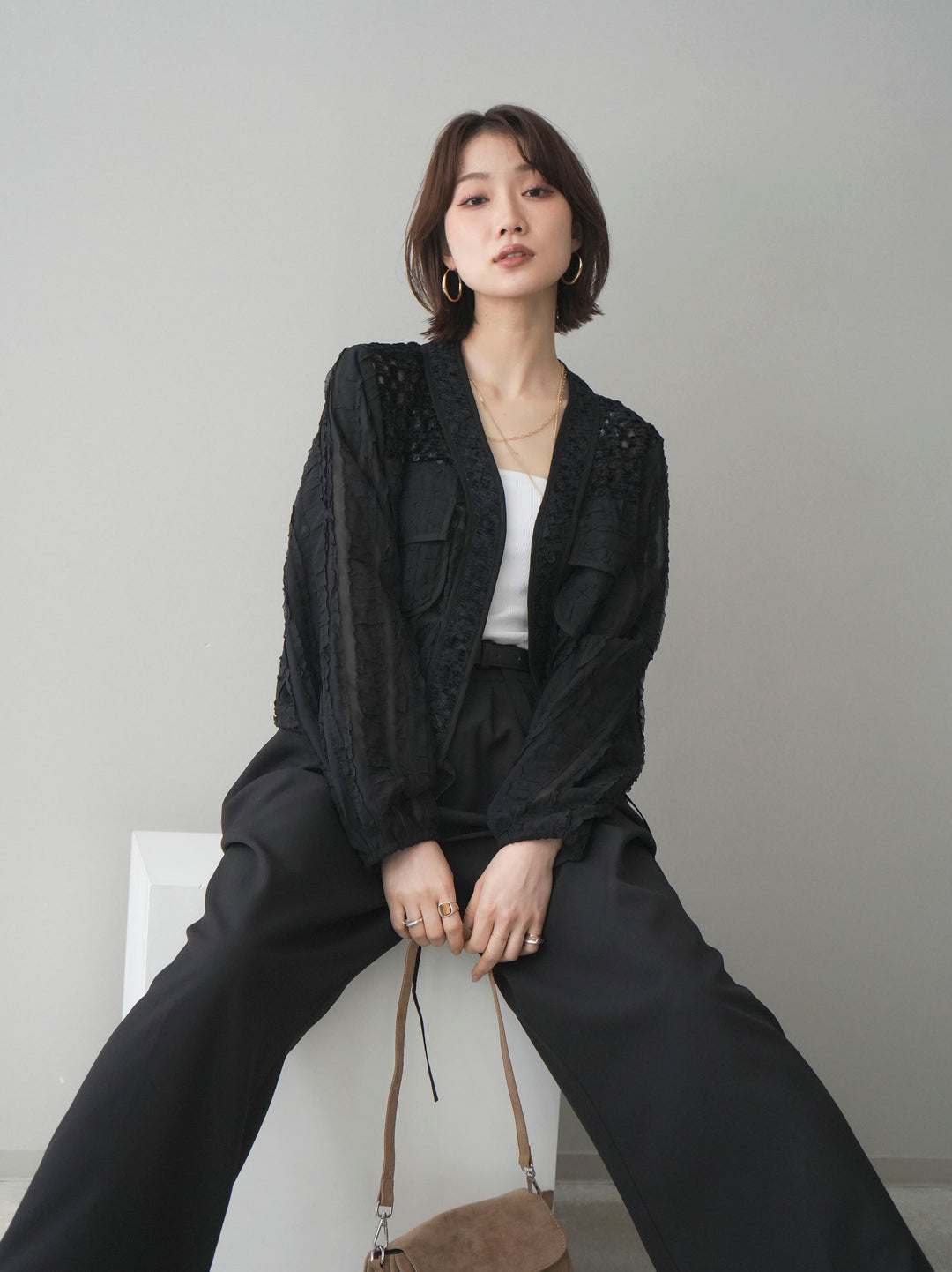 [SET]パッチワークシアーフリルブルゾン+ベルト付キーホルダーモチーフワイドパンツ(2set)