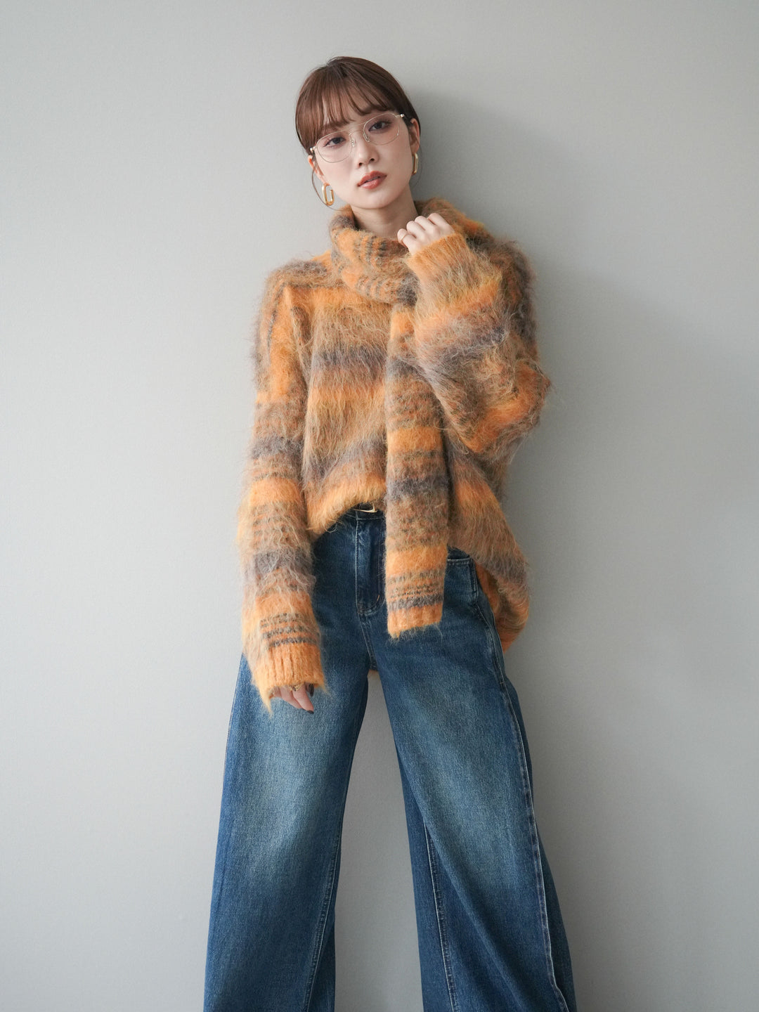 [予約]ストール付シャギーマルチボーダーニットプルオーバー/yellow