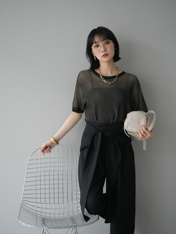 [SET]リネンタッチ配色二重臼ハーフニットトップス+ウエスト巻きデザインワイドパンツ(2set)