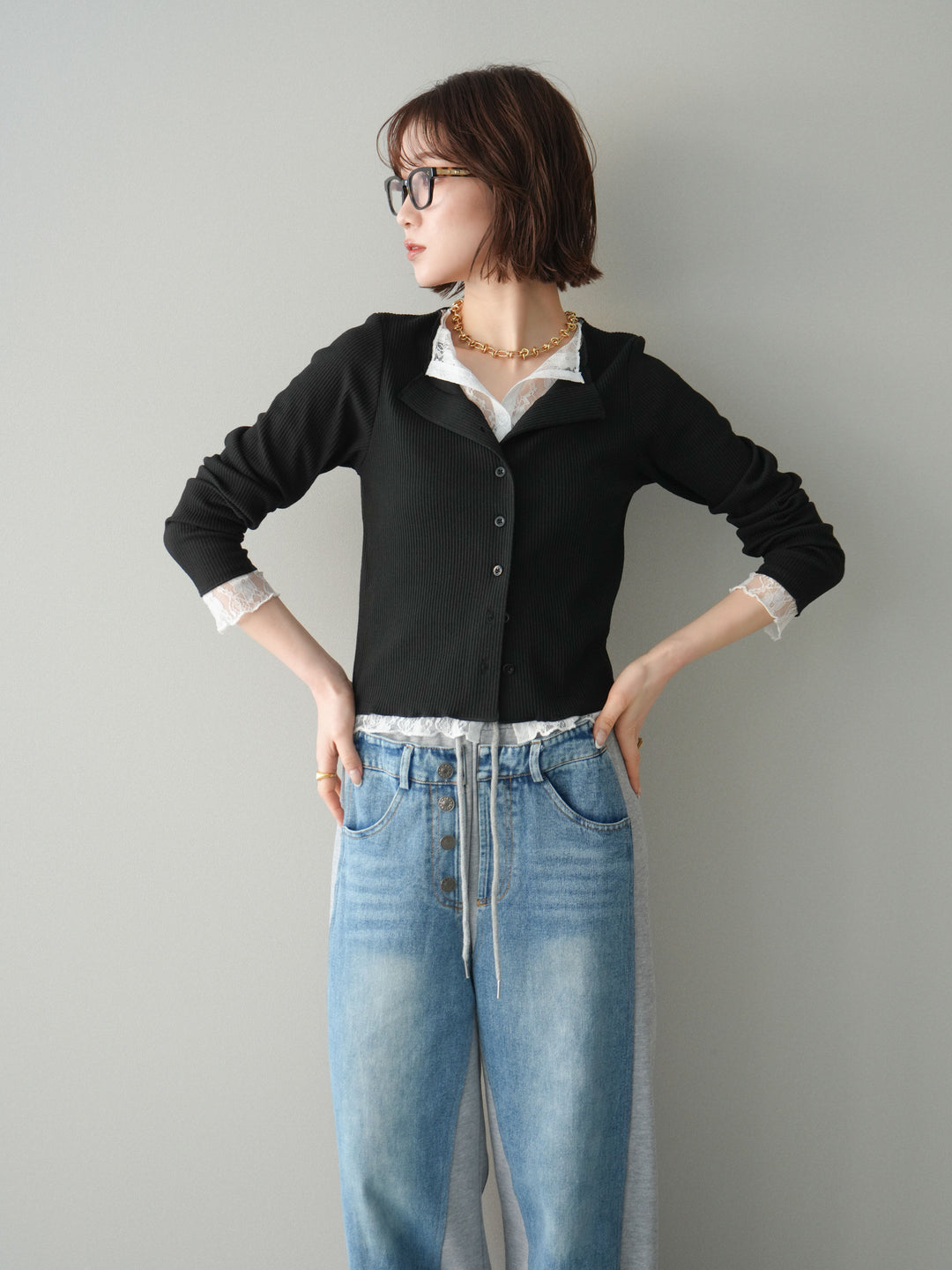 [SET]レースドッキングテレコリブカーディガン+デニム切替スウェットパンツ(2set)