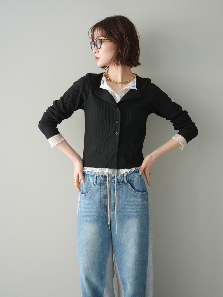 [SET]レースドッキングテレコリブカーディガン+デニム切替スウェットパンツ(2set)