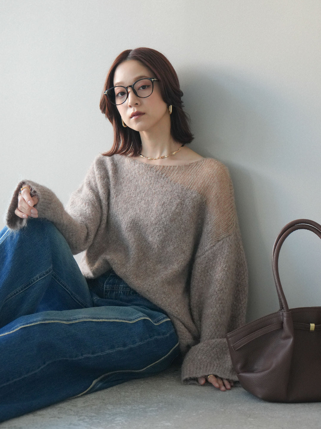 [SET]透かしデザインニットプルオーバー+サイドフリンジワイドデニムパンツ(2set)