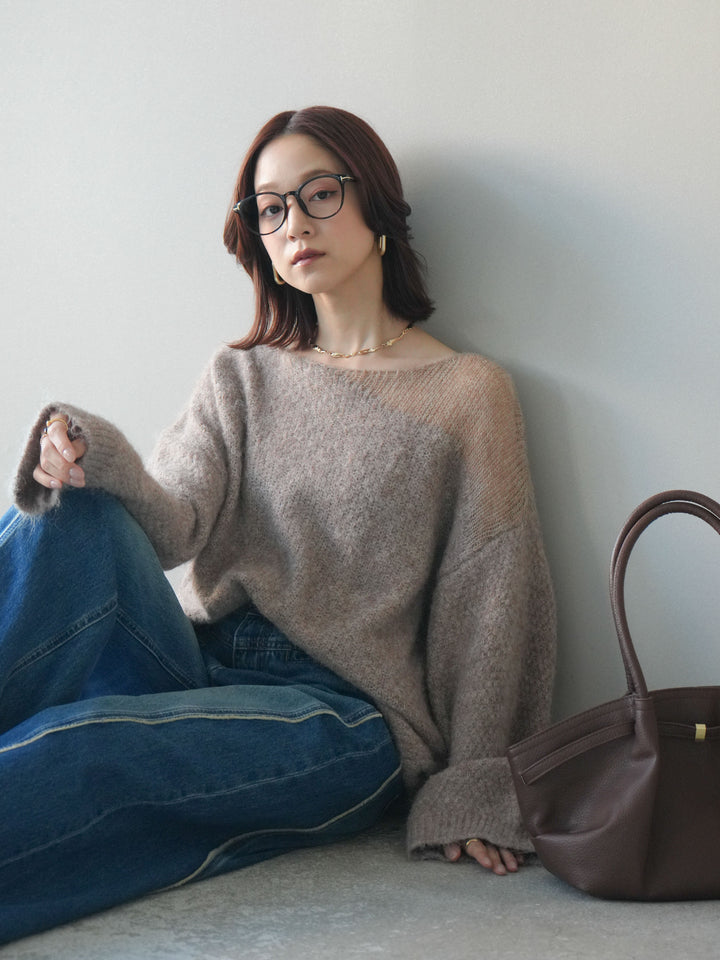 [SET]透かしデザインニットプルオーバー+サイドフリンジワイドデニムパンツ(2set)