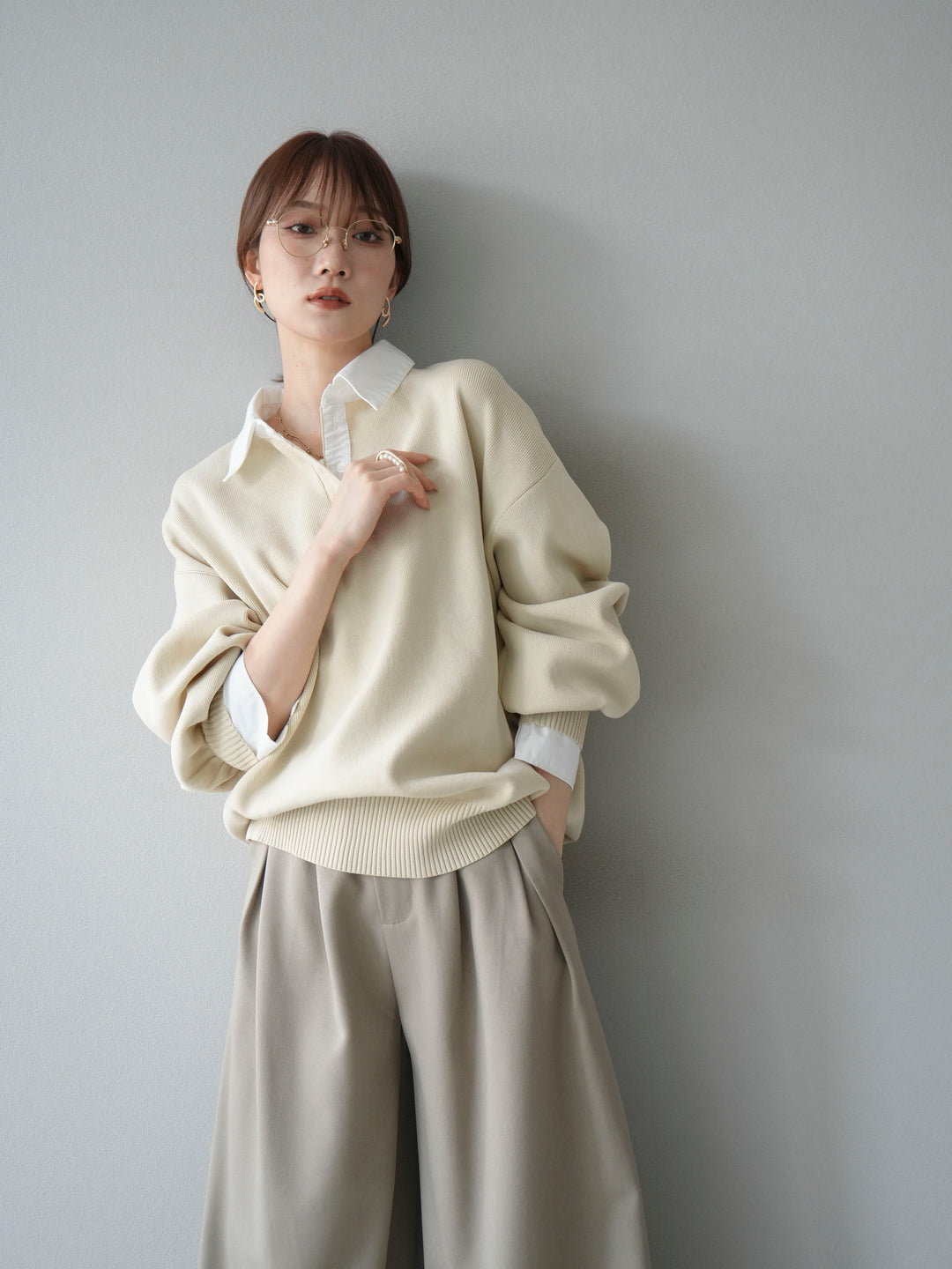 【SET】翻領polo針織套衫+雙褶闊腿褲（2件組）