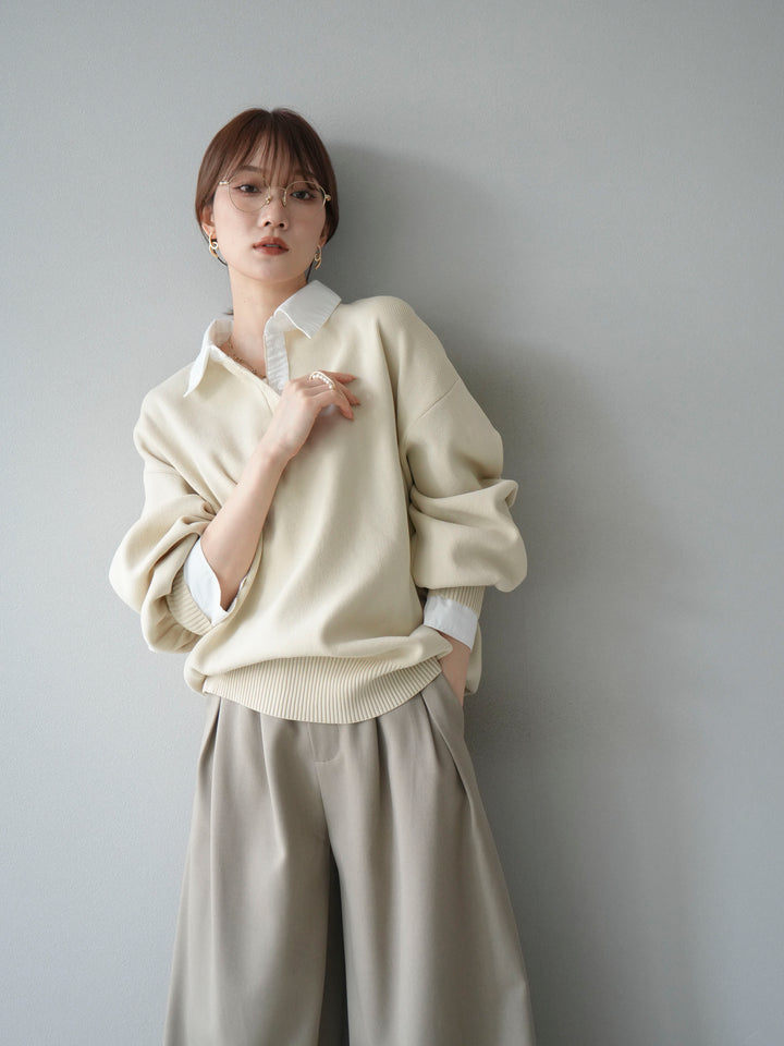 【SET】翻領polo針織套衫+雙褶闊腿褲（2件組）