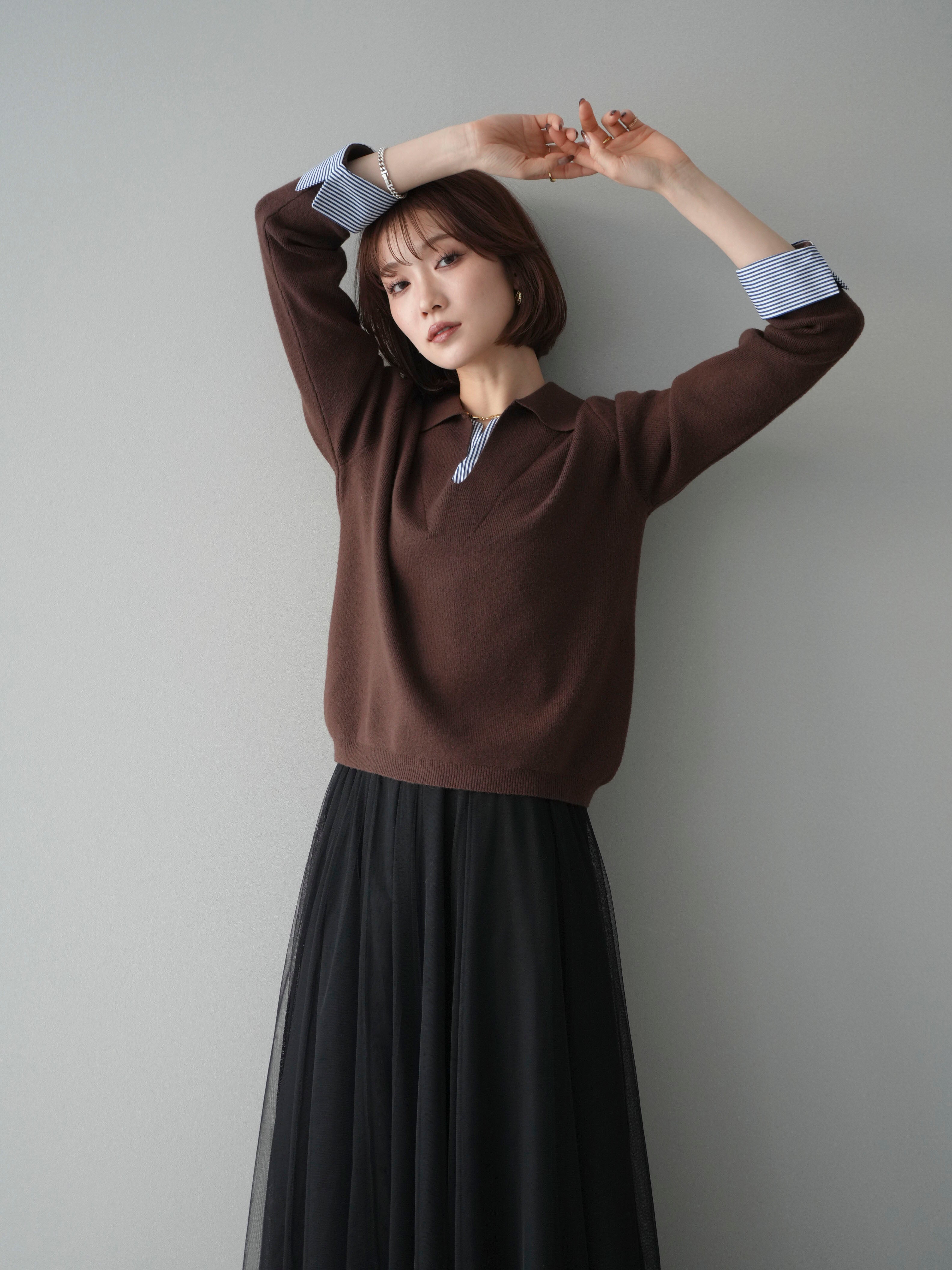 予約]シャツレイヤードスキッパーニットプルオーバー/brown – Lumier