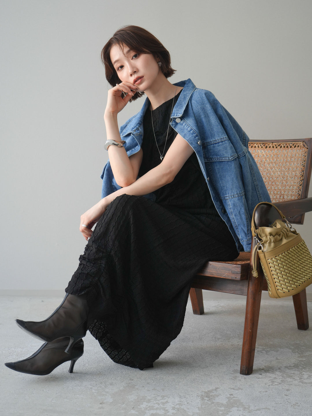 [予約]シャーリングジャガードノースリーブワンピース/black