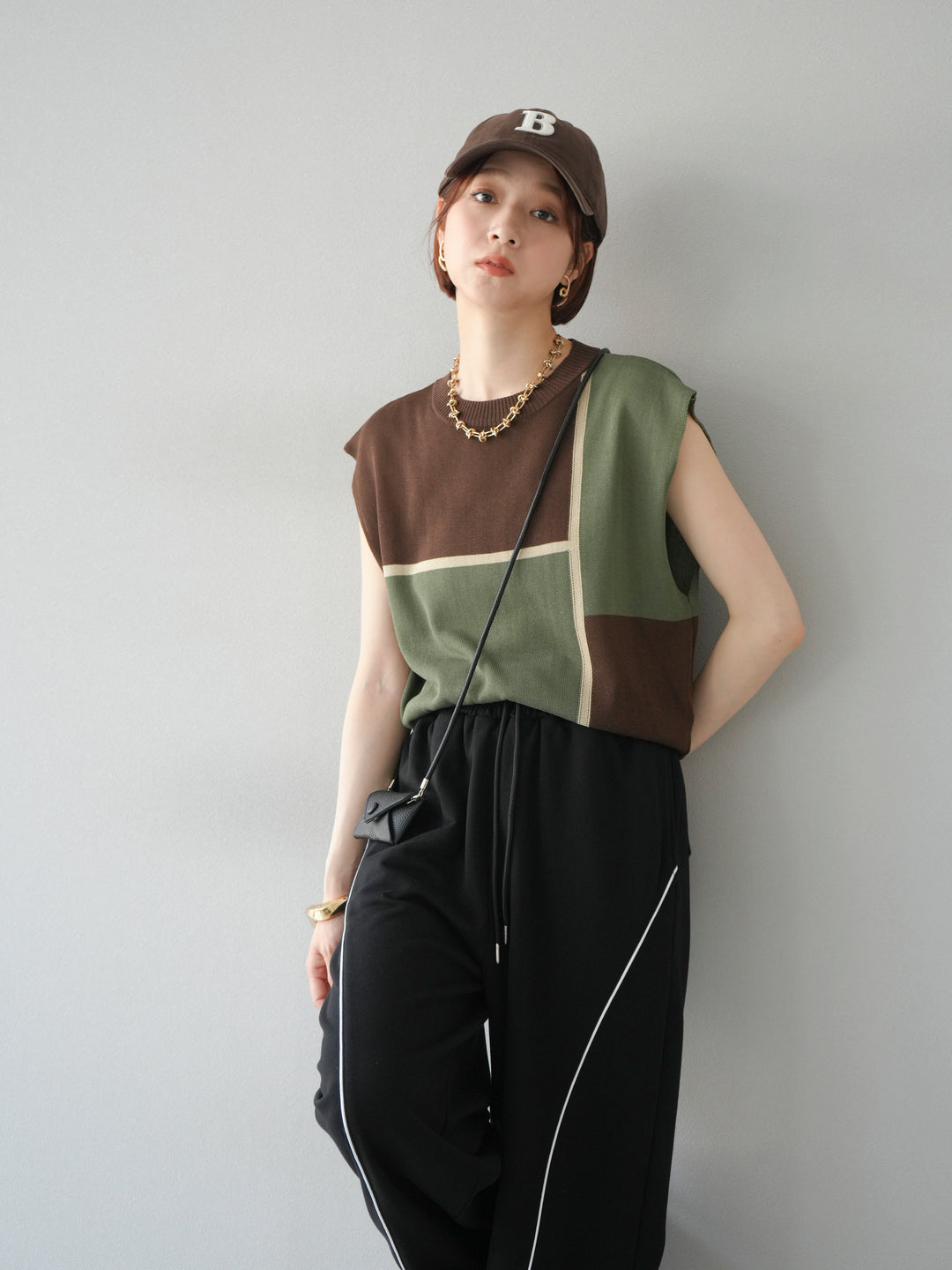 [予約]配色ノースリーブニットプルオーバー/ブラウン