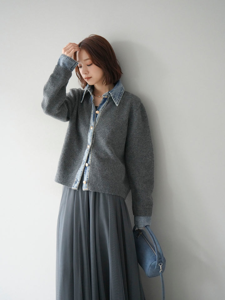 [予約]デニム襟ボタンニットカーディガン/チャコール