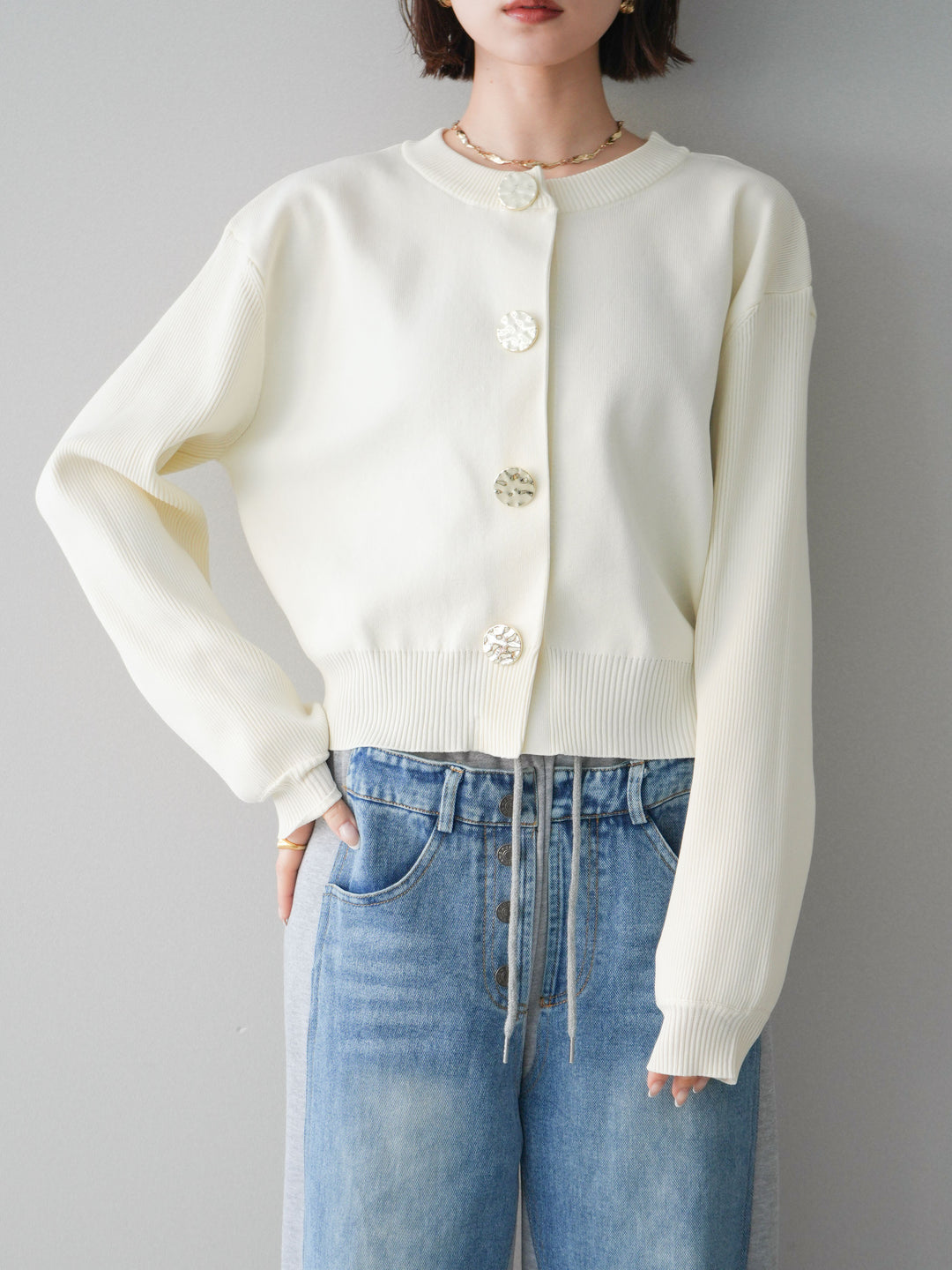 [SET]メタルボタンクルーネックニットカーディガン+選べるアクセセット(2set)