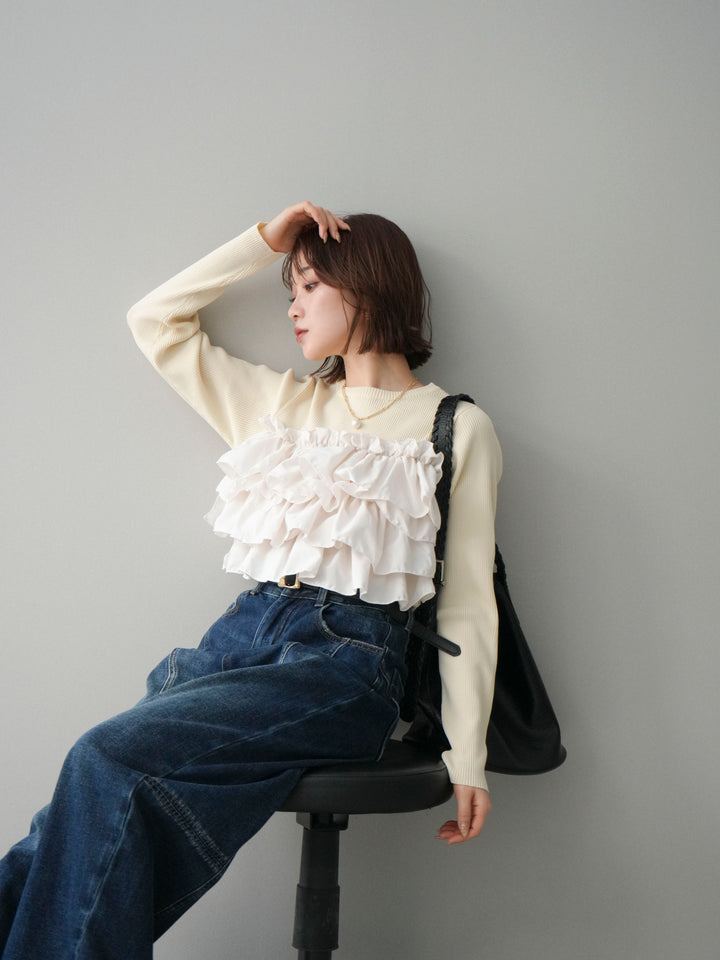 [予約]フリルビスチェドッキングスポンジニットプルオーバー/ivory