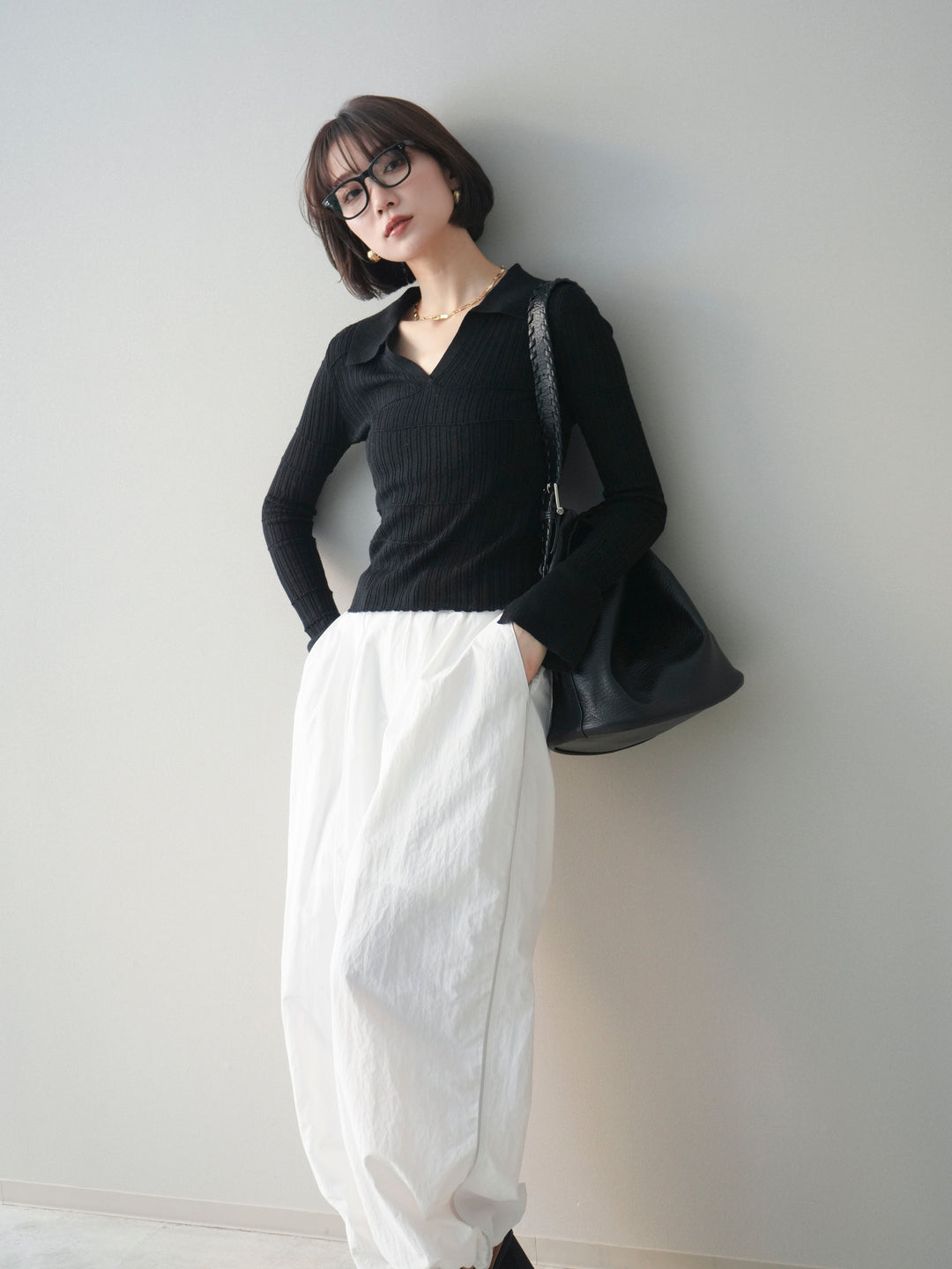 [予約]シアーリブスキッパーニットトップス/black