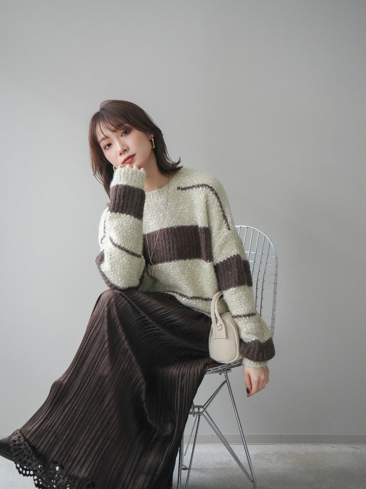 [SET]ネップヤーンボーダーニットプルオーバー+パンチングデザインスエードプリーツスカート(2set)