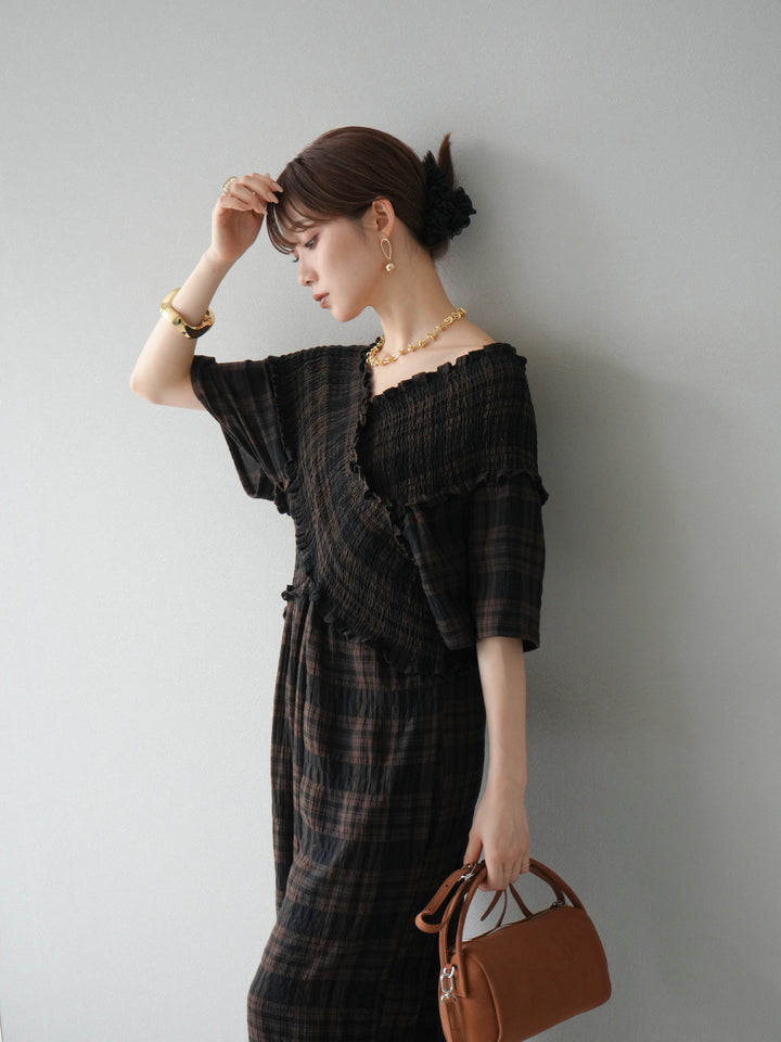 [予約]チェック柄ハーフスリーブシャーリングクロスサロペット/ブラウン