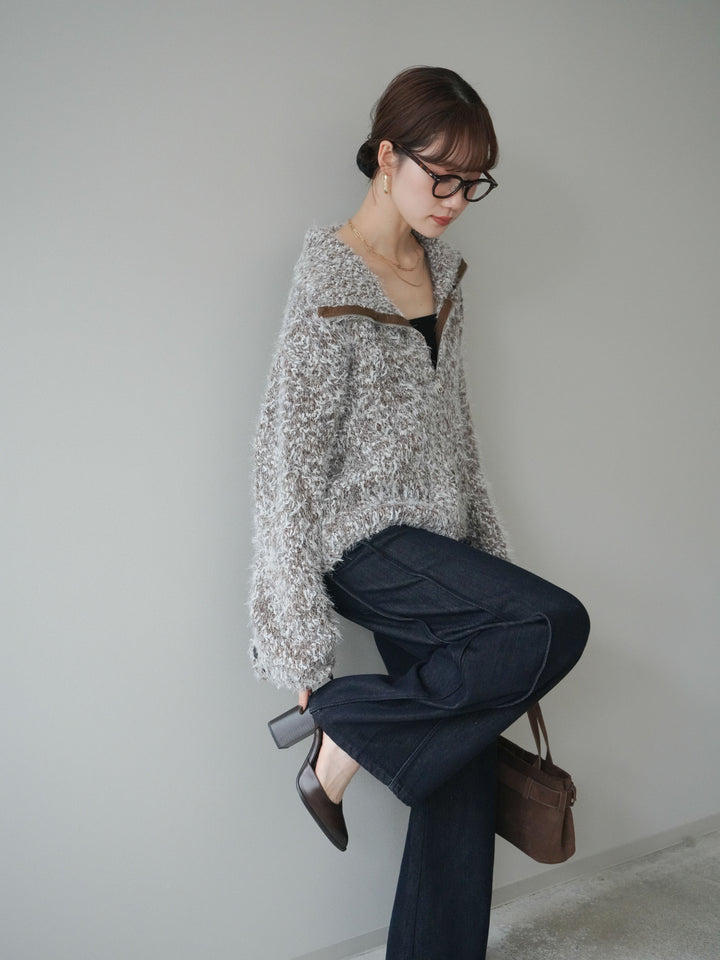 [予約]ミックスシャギージップニットカーディガン/brown