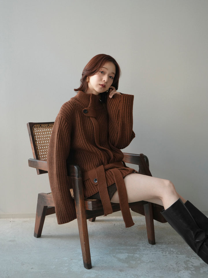 [予約]畦編みボトルネックZIPニットカーディガン/brown