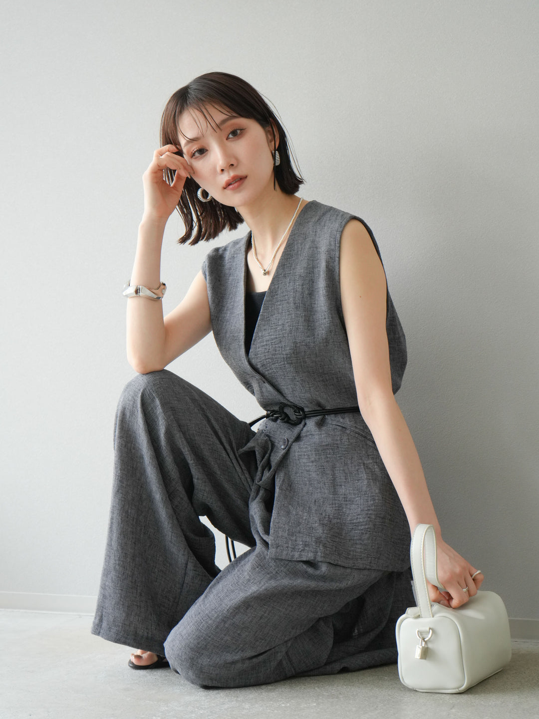 [SET]ベルト付リネンタッチベスト＆ワイドパンツSET UP(2set)