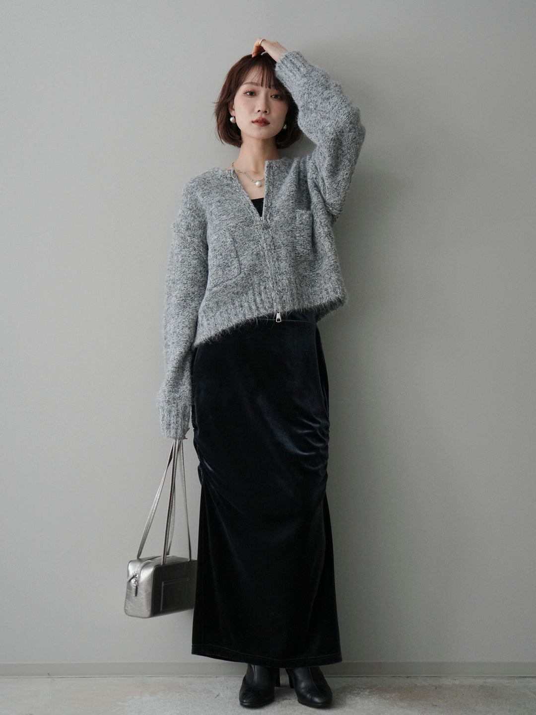 [SET]ミックスヤーンダブルZIPニットカーディガン+ギャザーベロアスカート(2set)