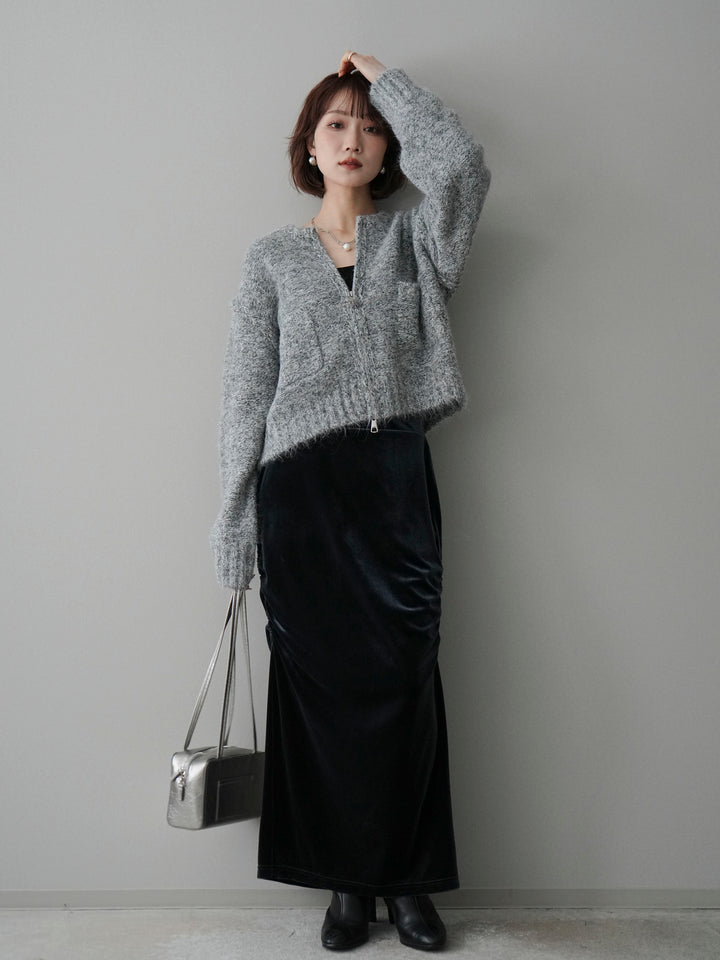 [SET]ミックスヤーンダブルZIPニットカーディガン+ギャザーベロアスカート(2set)