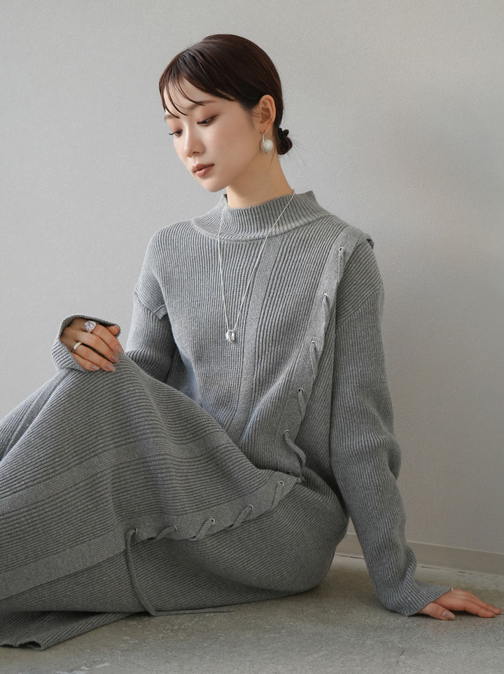 [SET] 不對稱繫帶高領針織連身裙 + 可選飾品套裝 (2套)