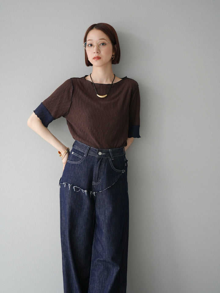 [SET] 百褶同色船領套頭衫 + 臀部設計牛仔褲（2 件組）