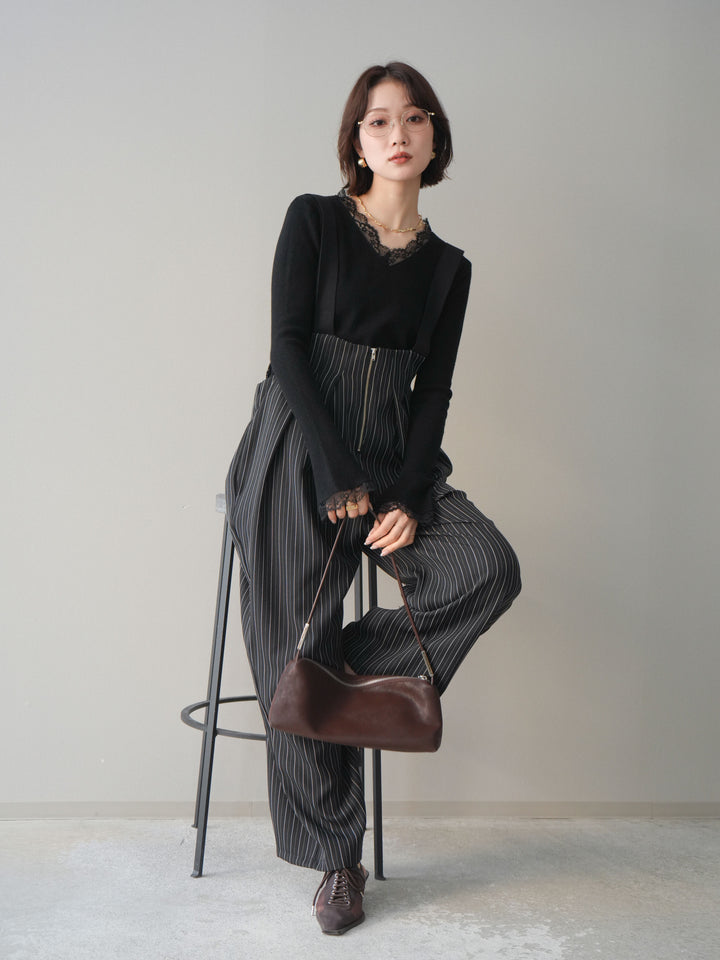 [予約]レースドッキングVネックニットトップス/black