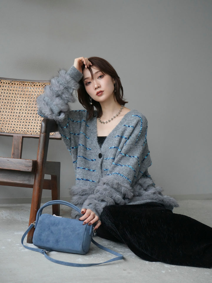 [予約]フェザーライン配色シャギーニットカーディガン/グレー