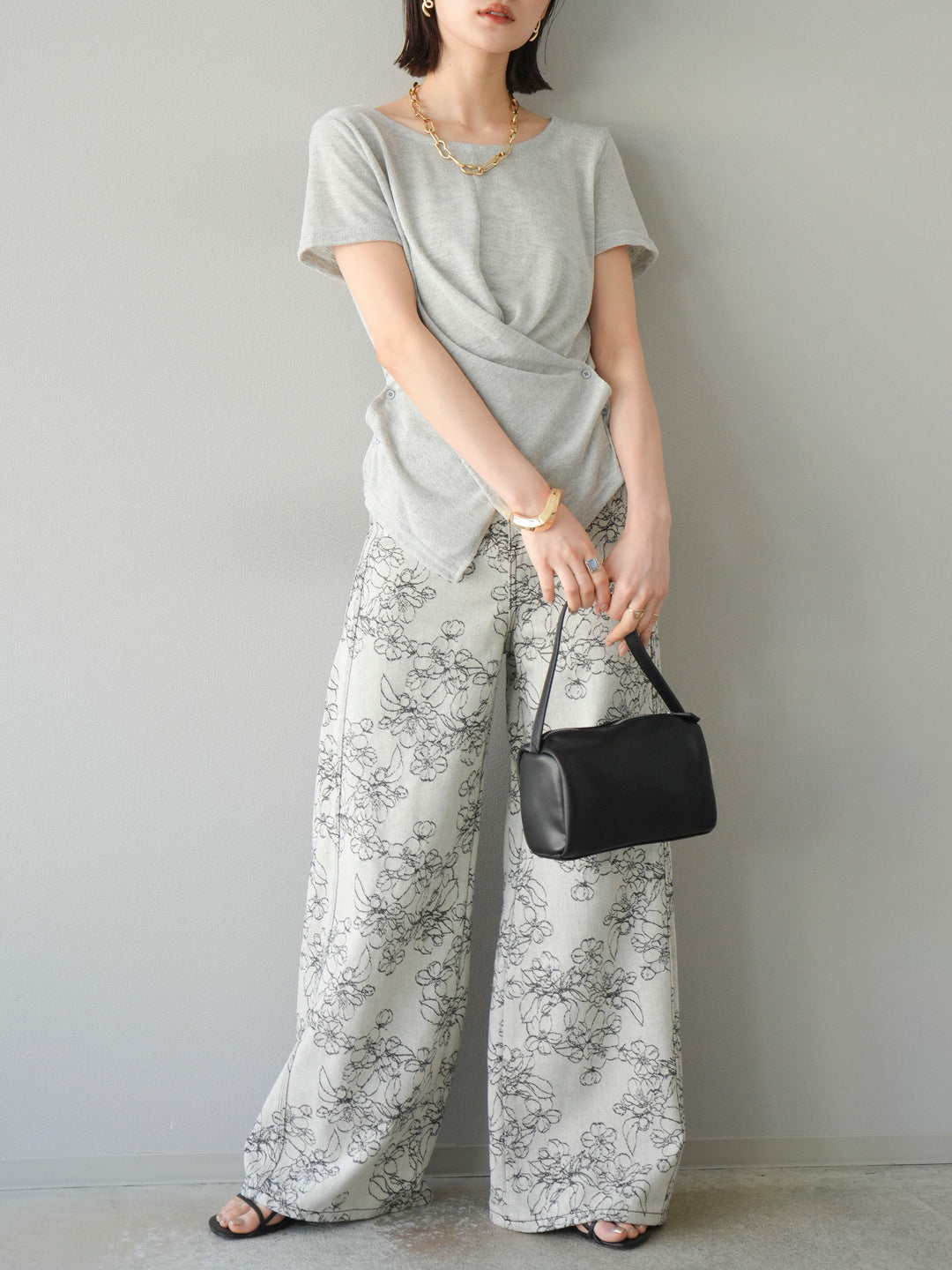 【預購】花朵提花牛仔寬褲/黑