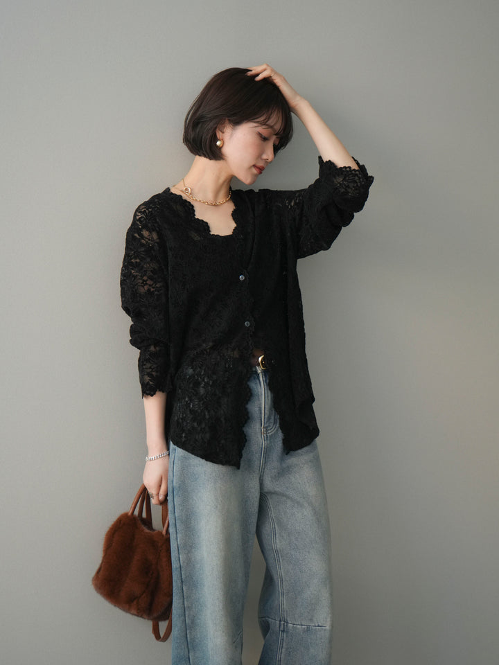 [SET]Vネックレースブラウス+裏起毛カットオフカーブデニムパンツ(2set)