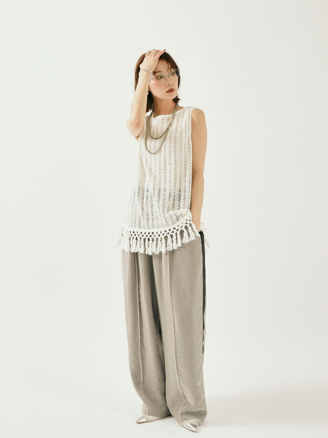 [予約]オーガンジーレイヤードサイドラインパンツ/グレージュ