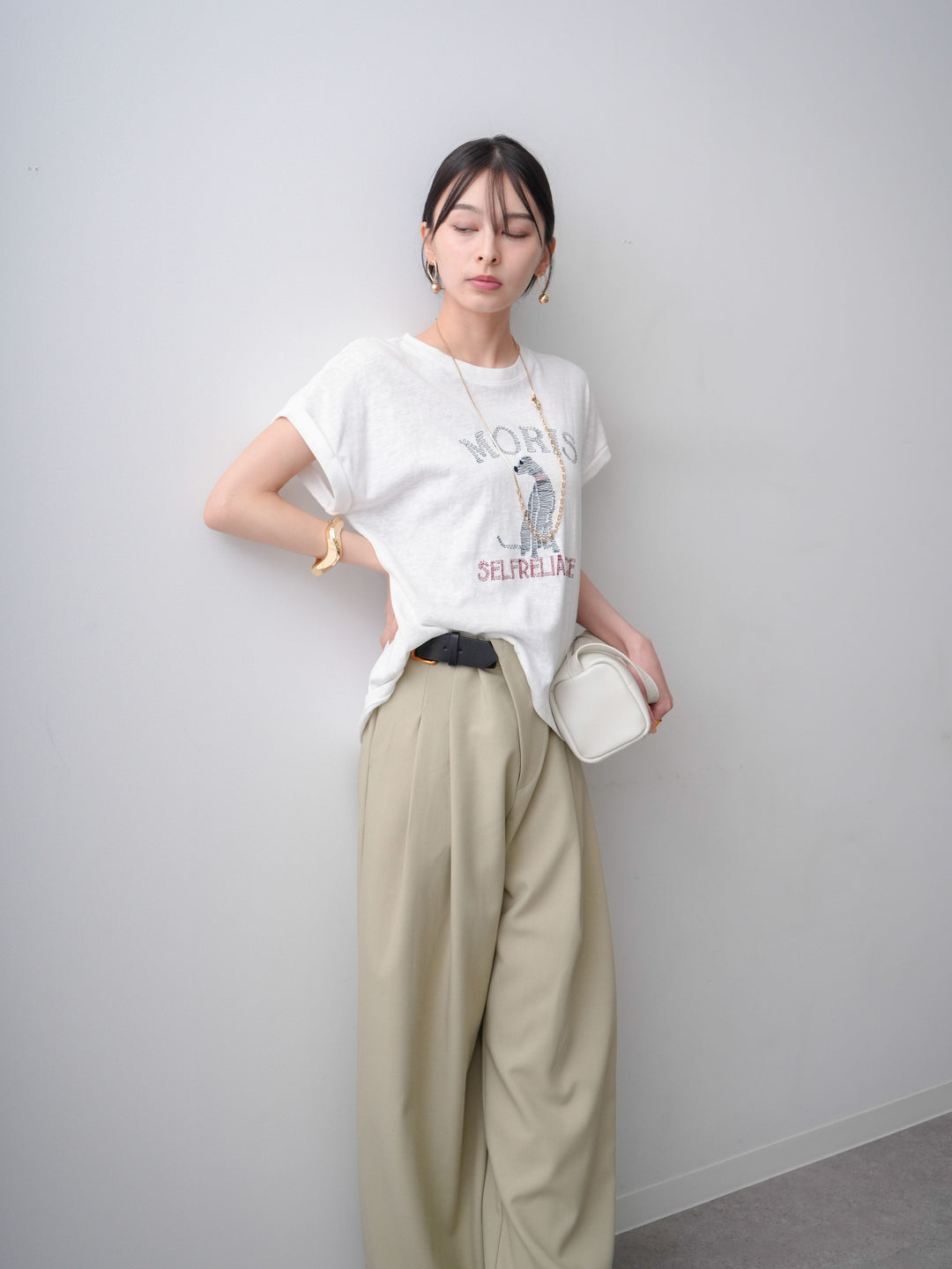 [SET]ドッグエンブロイダリーTEE+アシンメトリーベルトタックワイドパンツ(2set)
