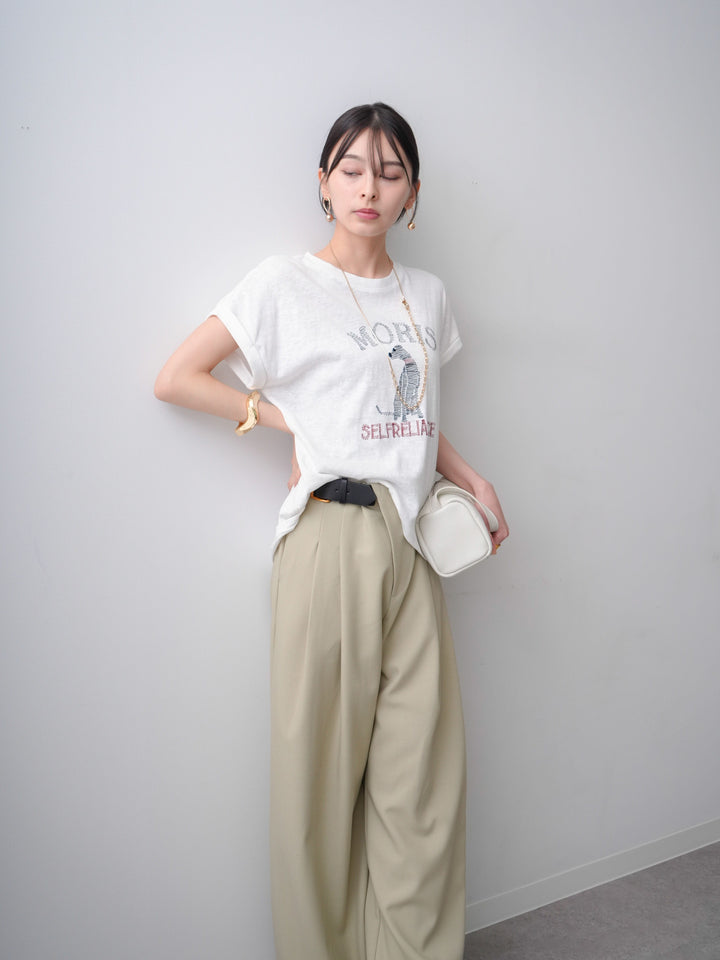 [SET]ドッグエンブロイダリーTEE+アシンメトリーベルトタックワイドパンツ(2set)