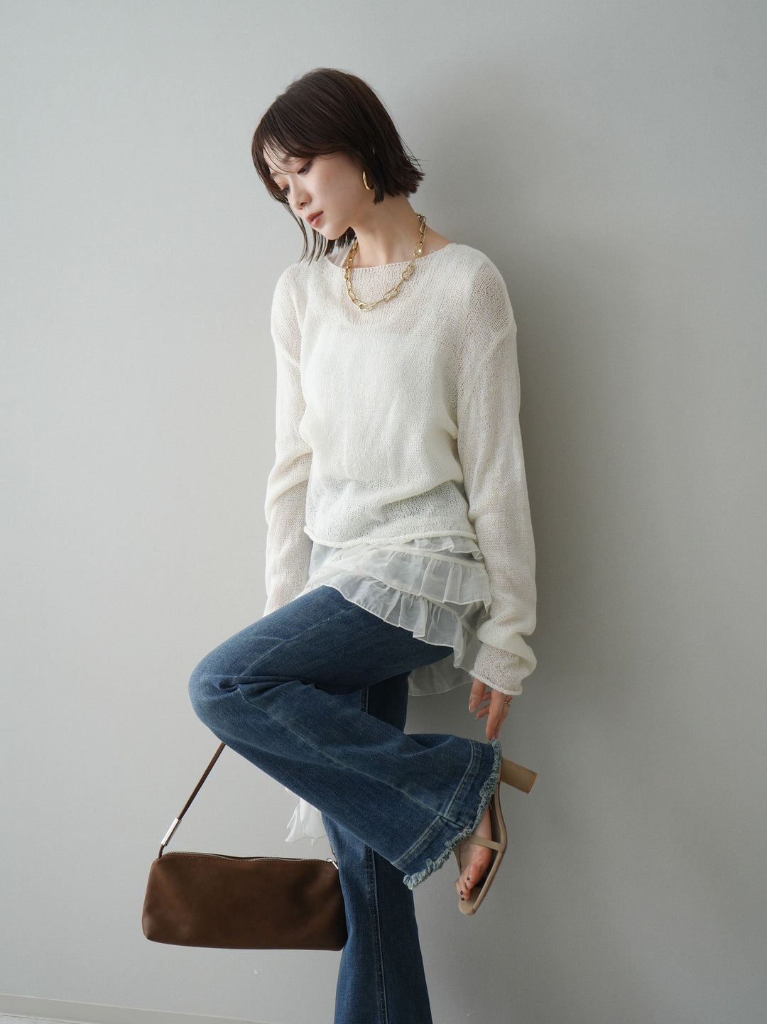 [予約]ラッフルオーガンジータンクトップ＆ニットアンサンブル/white