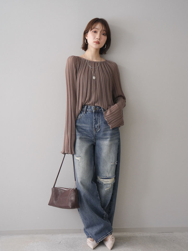 [予約]ダメージデニムセミワイドパンツ/blue