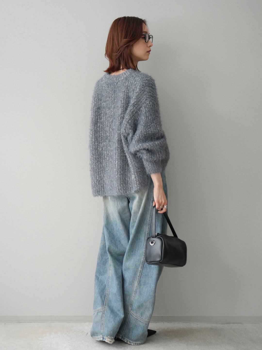 [SET]ボリュームスリーブシャギー MIXニットプルオーバー+ベルト付カーブデニムパンツ(2set)